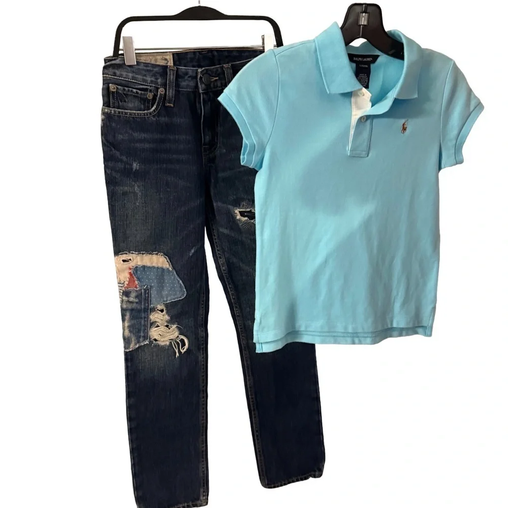 Ralph Lauren Girls 2 PCS Set Patchwork Jeans & Aqua Polo Shirt Sz 12-14